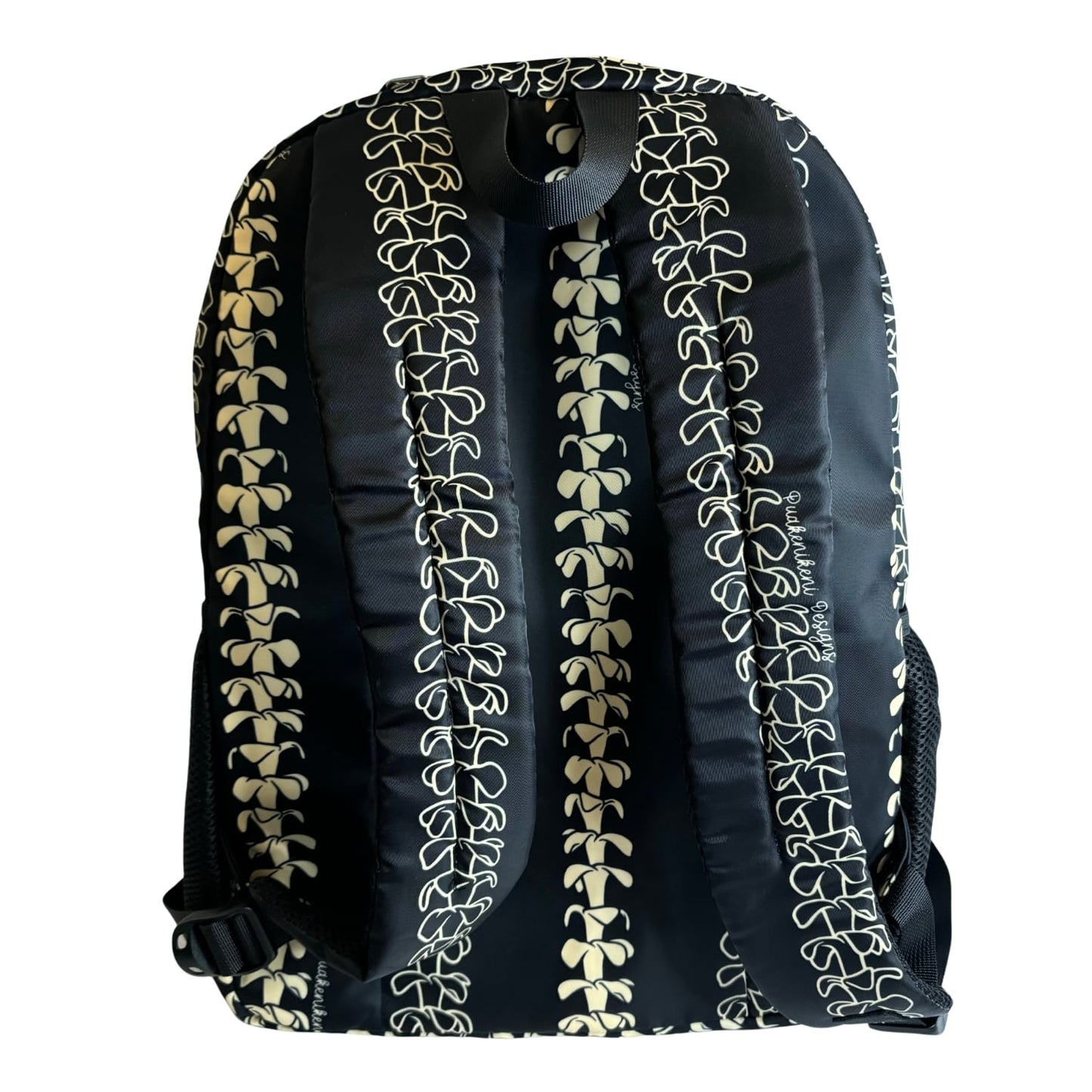 Backpack by Puakenikeni Designs, in a best selling and favorite pua kenikeni lei design, Beige Lei back view