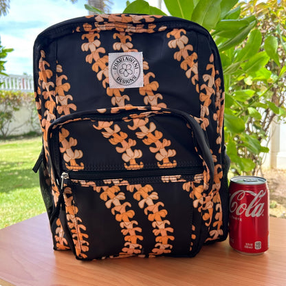 Backpack by Puakenikeni Designs, in the best selling and favorite pua kenikeni lei design, Kaulua, comparison view with soda can