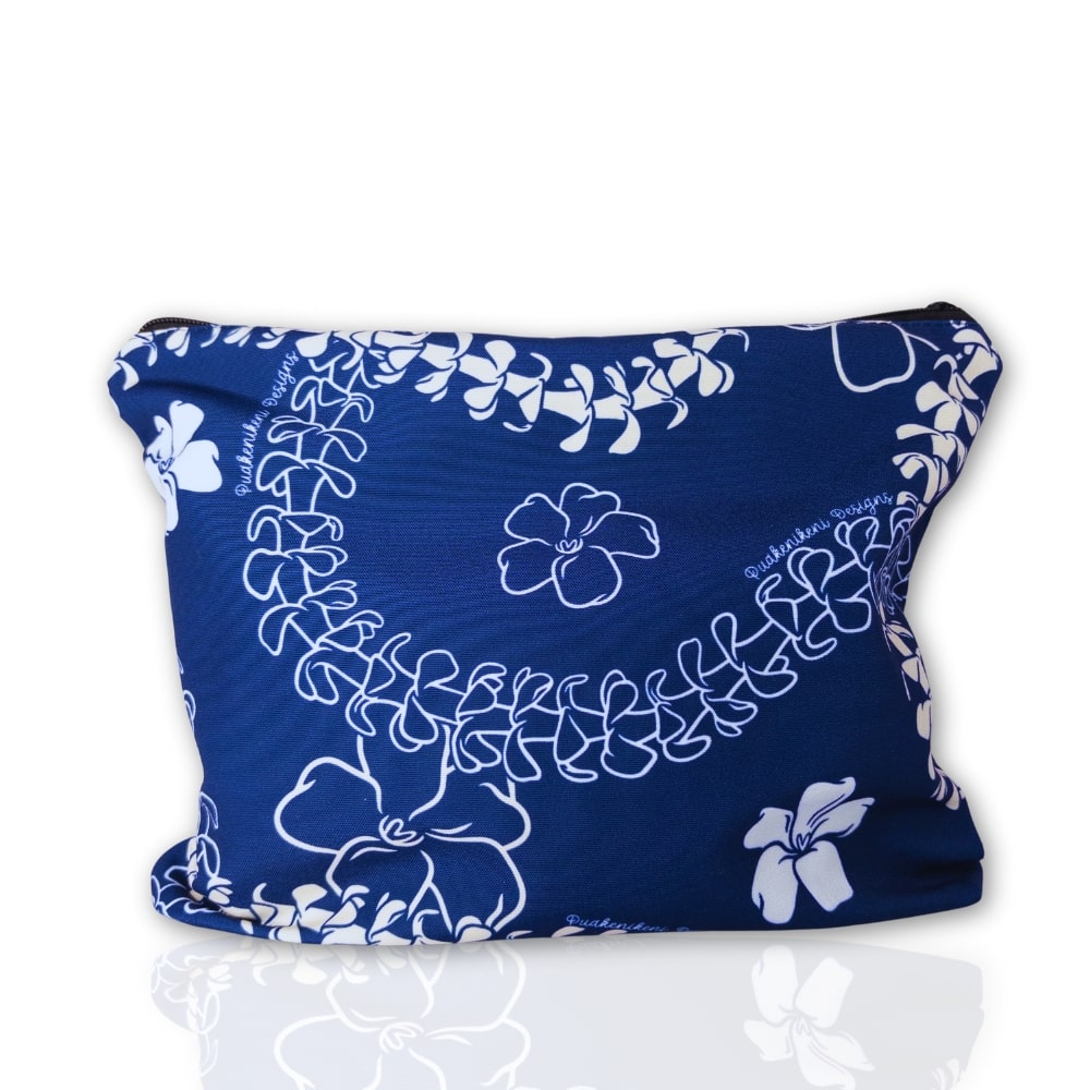 puakenikeni lei canvas zipper pouch with zipper in blue from Puakenikeni Designs