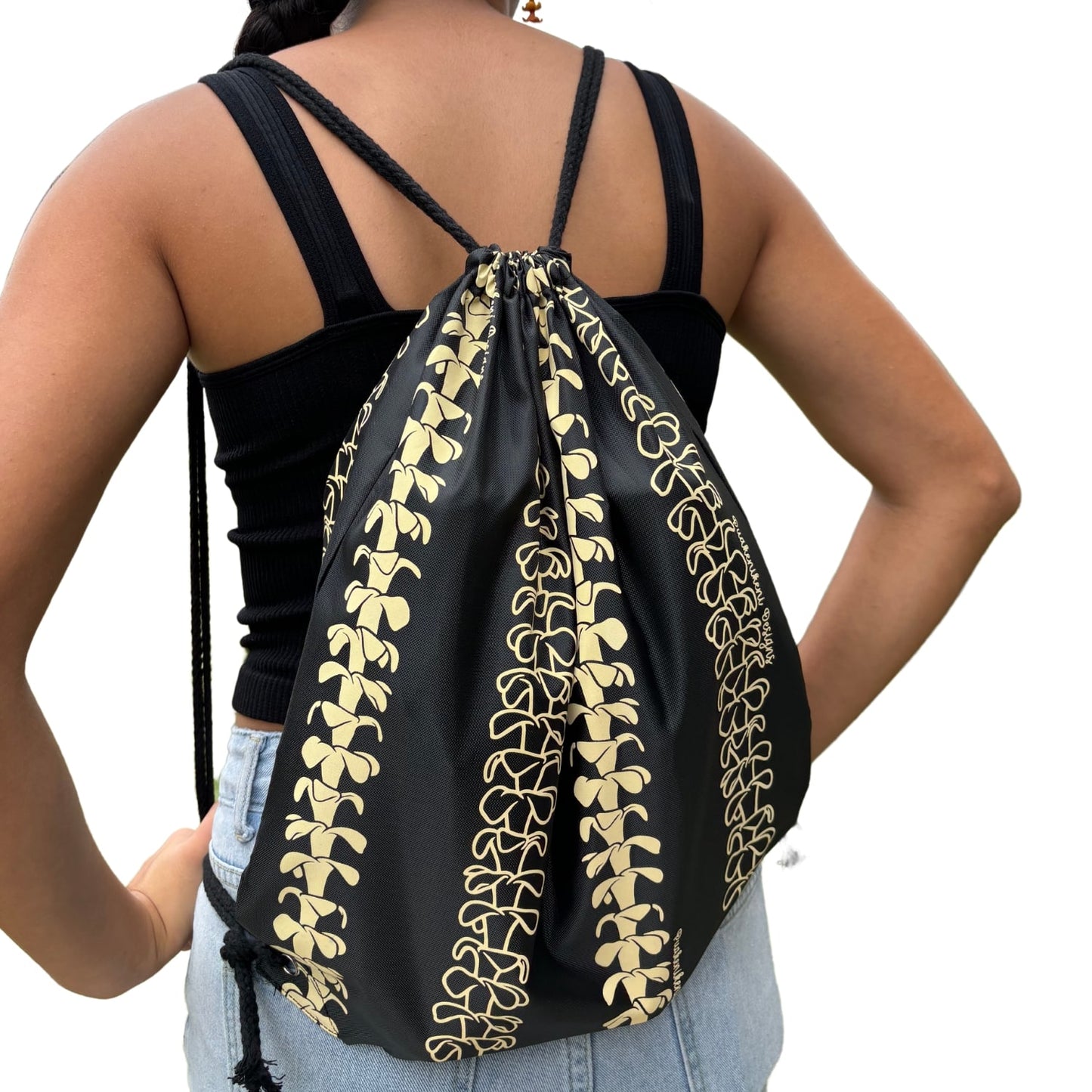 cinch drawstring backpack with pua kenikeni lei from Puakenikeni Designs