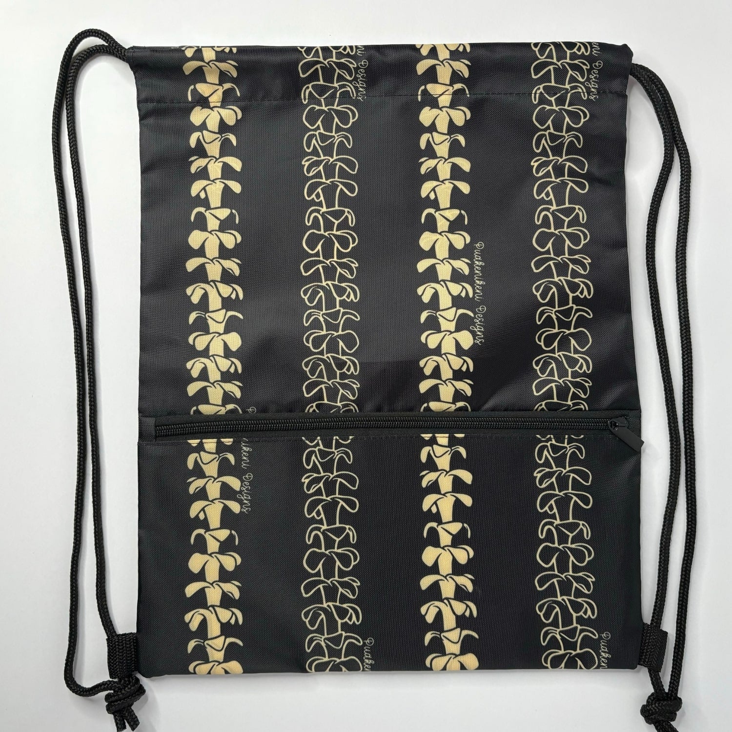 cinch drawstring backpack with pua kenikeni lei from Puakenikeni Designs Beige Lei flat view