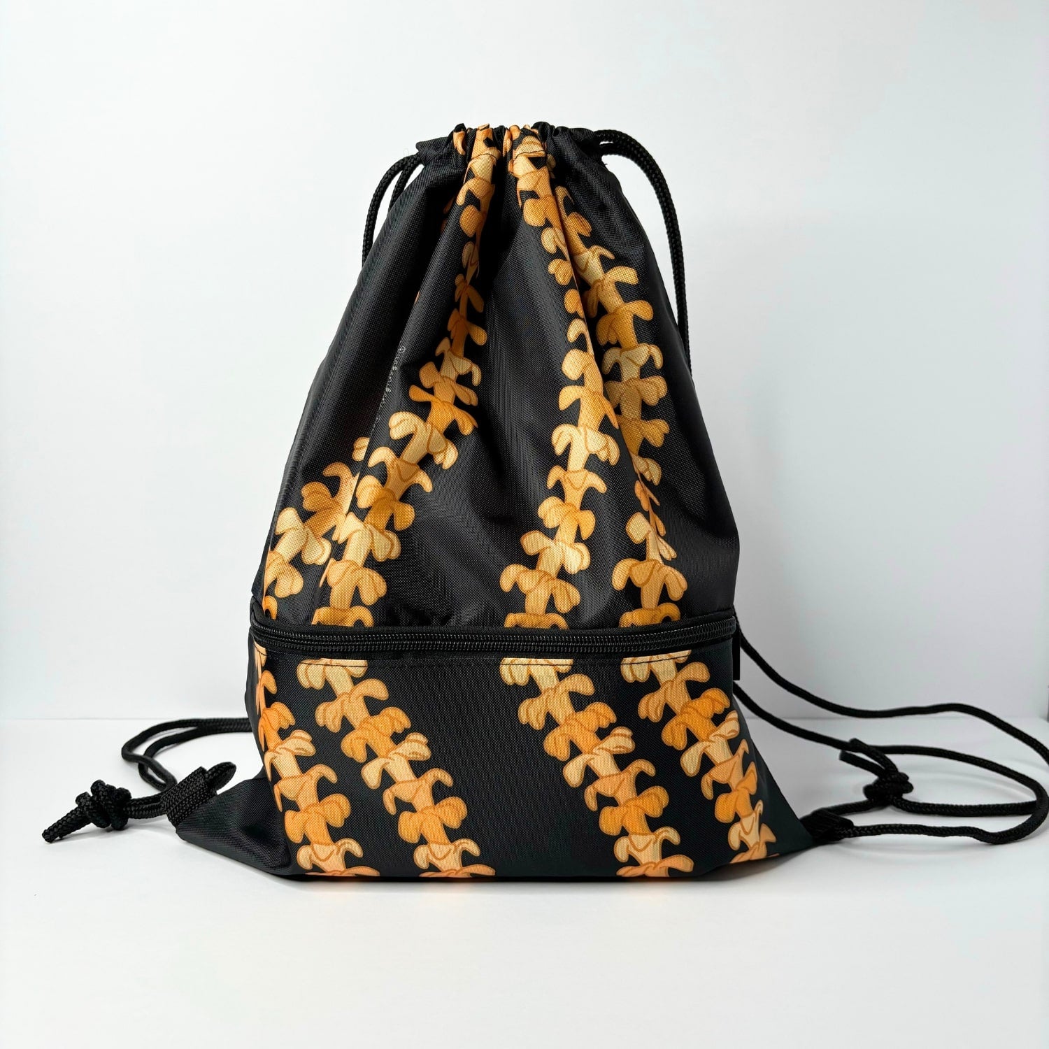 cinch drawstring backpack with pua kenikeni lei from Puakenikeni Designs Kaulua Black