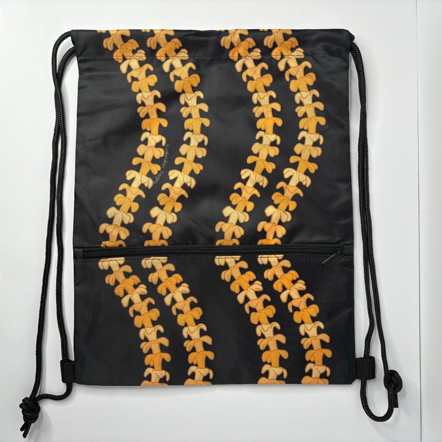 cinch drawstring backpack with pua kenikeni lei from Puakenikeni Designs Kaulua Black flat view