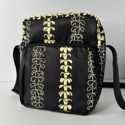 Crossbody bag by Puakenikeni Designs, in black with the best-selling pua kenikeni lei design, Kaulua; for women, moms, teenage girls, for travel and school Beige Lei Design