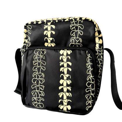 Crossbody bag by Puakenikeni Designs, in black with the best-selling pua kenikeni lei design, Kaulua; for women, moms, teenage girls, for travel and school Beige Lei Design