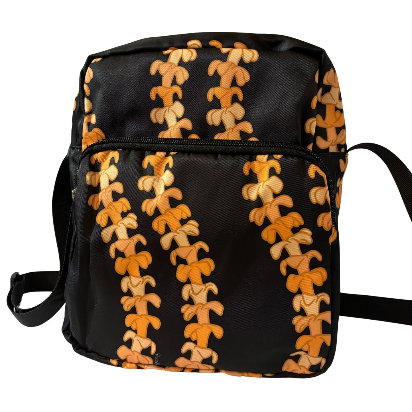 Crossbody bag by Puakenikeni Designs, in black with the best-selling pua kenikeni lei design, Kaulua; for women, moms, teenage girls, for travel and school