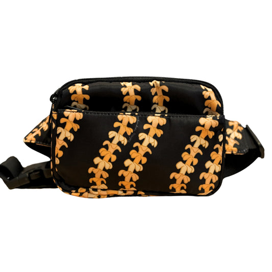 fanny pack, waist bag, belt bag, chest bag, hip pack, crossbody in orange pua kenikeni lei on black from Puakenikeni Designs