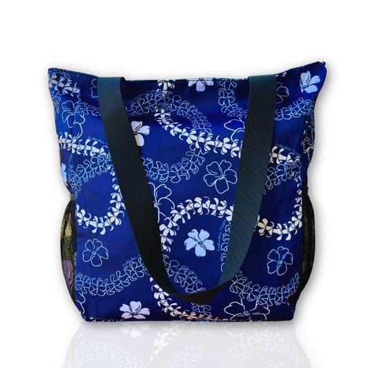 holoholo bag with pua kenikeni lei and flowers in blue from Puakenikeni Designs