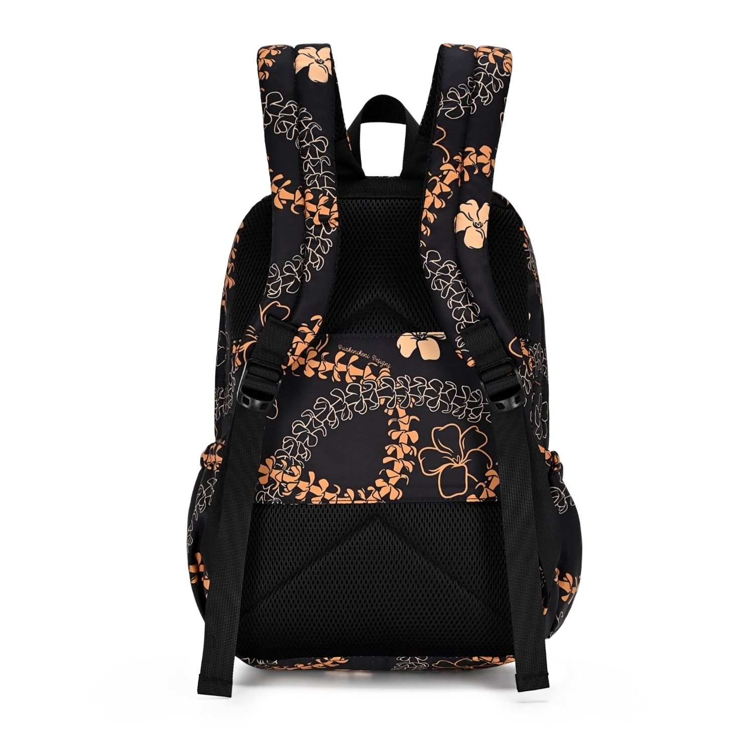 puakenikeni lei backpack from Puakenikeni Designs - back view - showing sleeve to slide onto luggage trolley