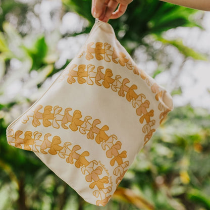 large canvas zippered pouch - beige with pua kenikeni lei from Puakenikeni Designs full view