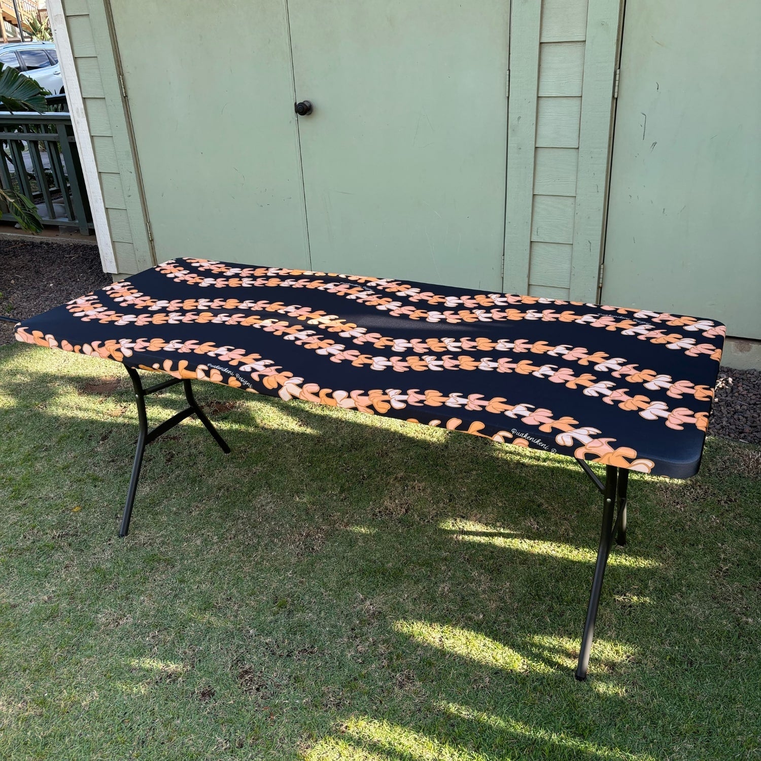 pua kenikeni lei table covers for party, with elastic, tablecloth, fitted for 6 foot table, rectangle - Kaulua Black - from Puakenikeni Designs