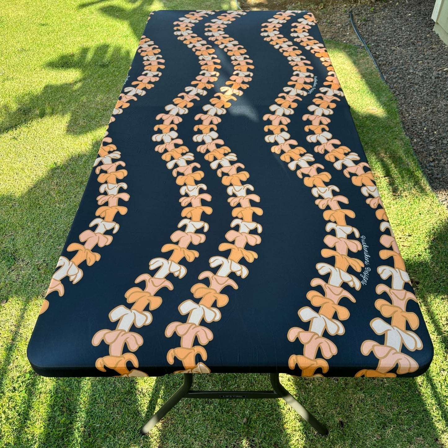 pua kenikeni lei table covers for party, with elastic, tablecloth, fitted for 6 foot table, rectangle - Kaulua Black - from Puakenikeni Designs