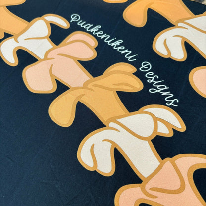 pua kenikeni lei table covers for party, with elastic, tablecloth, fitted for 6 foot table, rectangle - Kaulua Black - from Puakenikeni Designs close up view