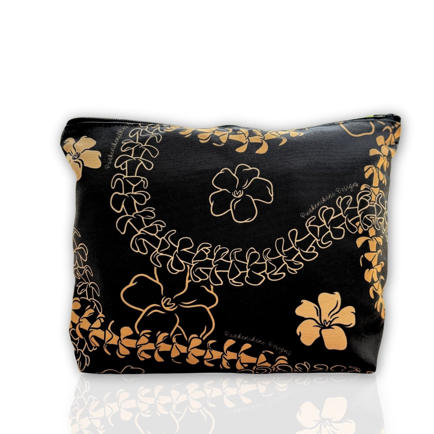 large canvas zipper pouch with orange pua kenikeni lei and flowers from Puakenikeni Designs