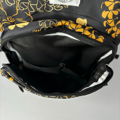 backpack for school, travel, diaper bag, with pua kenikeni lei, black and orange from Puakenikeni Designs front pocket