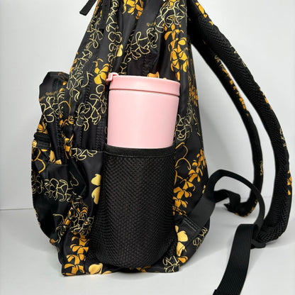 backpack for school, travel, diaper bag, with pua kenikeni lei, black and orange from Puakenikeni Designs side pocket with tumbler