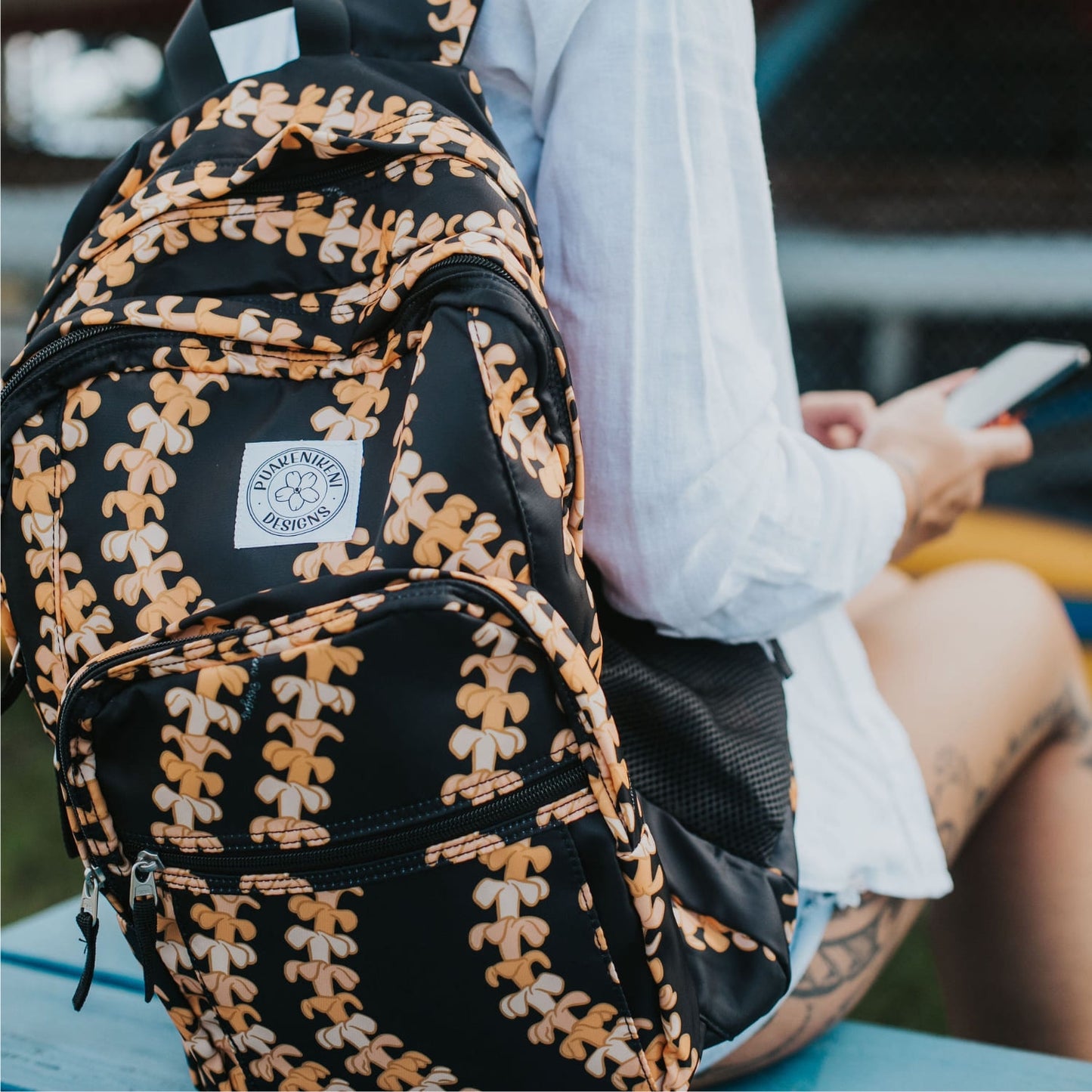 Backpack by Puakenikeni Designs, in the best selling and favorite pua kenikeni lei design, Kaulua close up