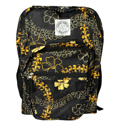 backpack for school, travel, diaper bag, with pua kenikeni lei, black and orange from Puakenikeni Designs